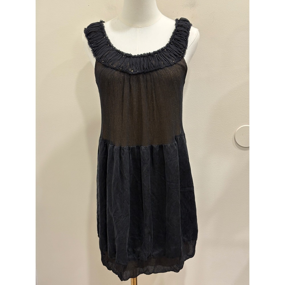 BCBG Black Silk Metallic Studded Ruffle Mini Dress Bubble Hem Indie Sleaze Sz 2